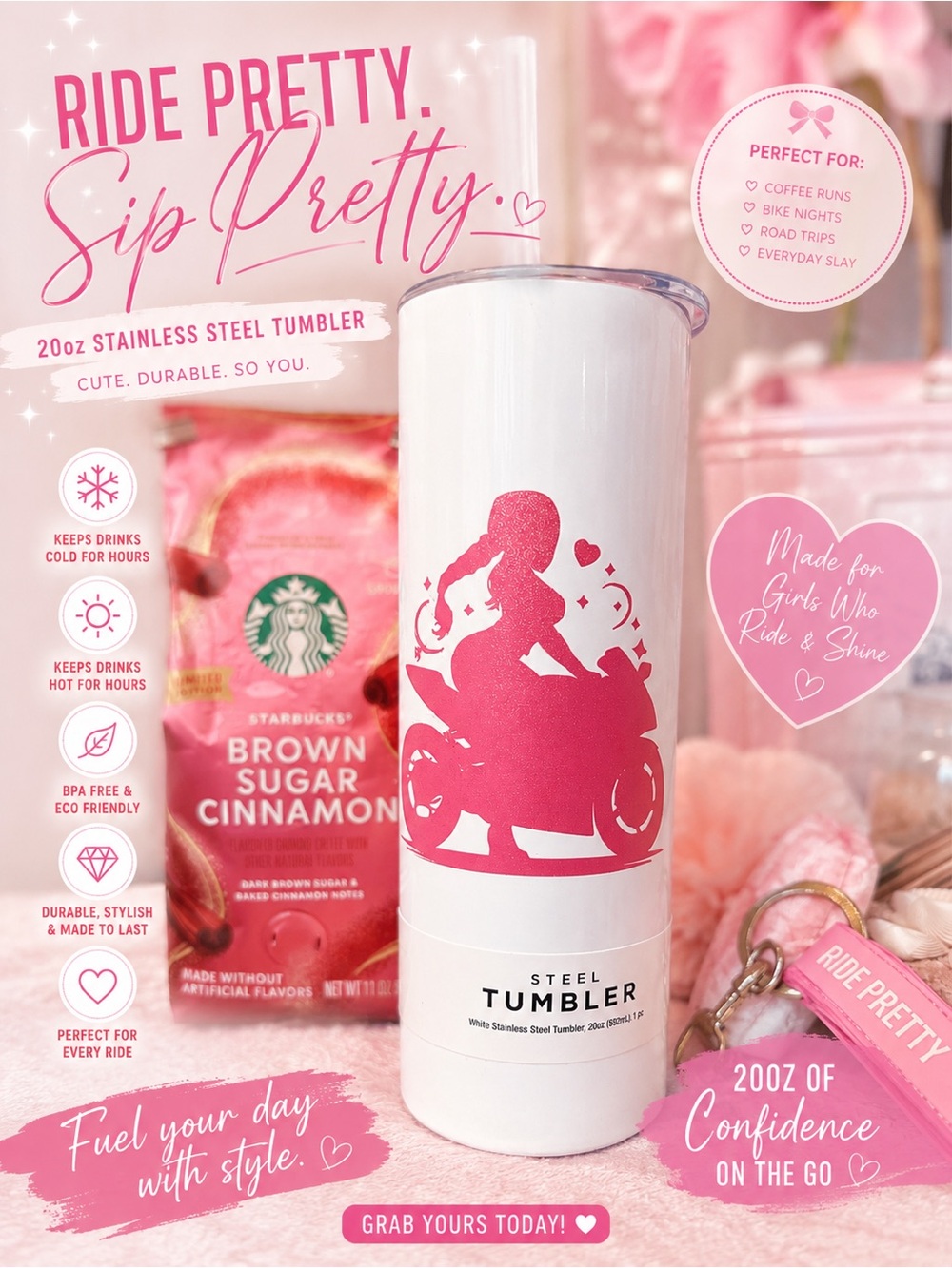 Biker girl Ride Pretty Pink Stainless Steel Tumbler - 20oz